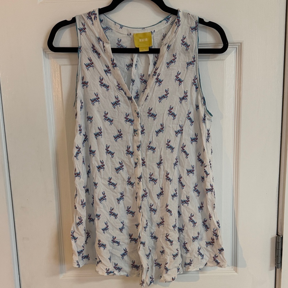 Anthropology Maeve White Sleeveless Top with Blue and Red Print